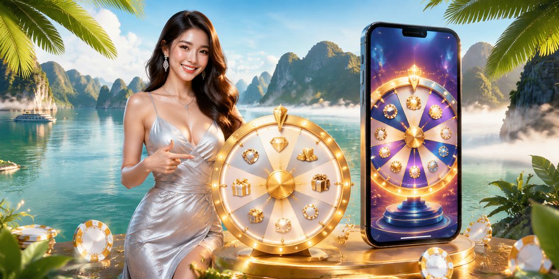 Người chơi trải nghiệm roulette với phong cảnh Vịnh Hạ Long làm nền