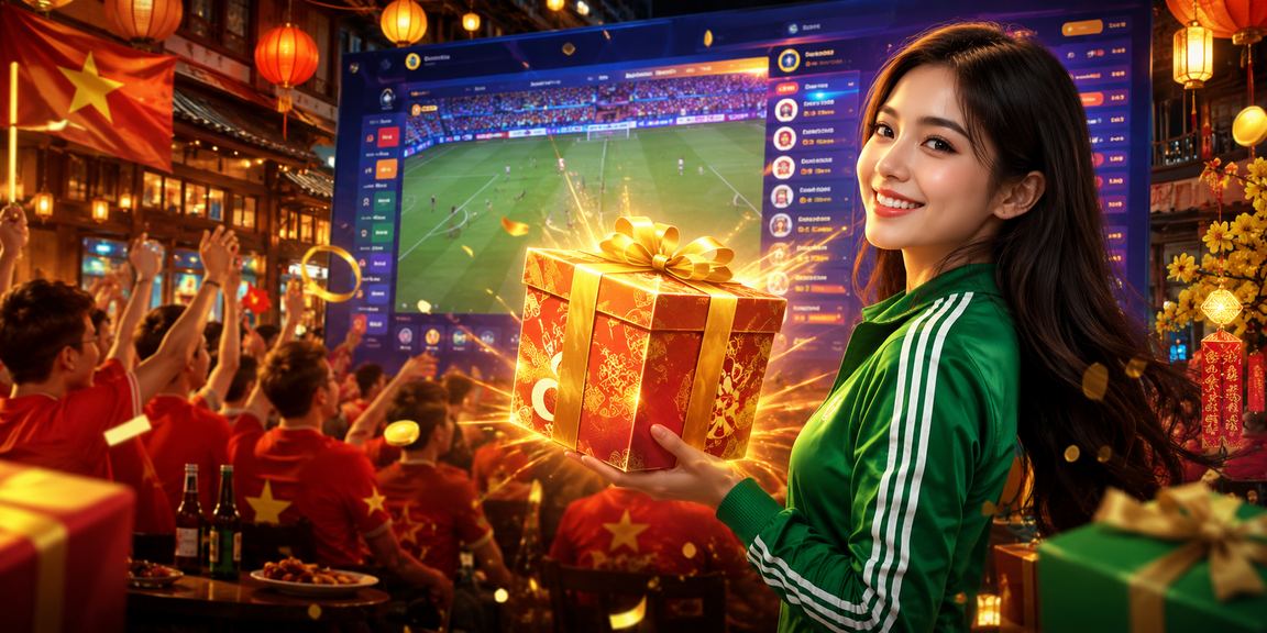 Không khí lễ Tết tại Huế với màn hình hiển thị game esports và cờ đỏ trang trí