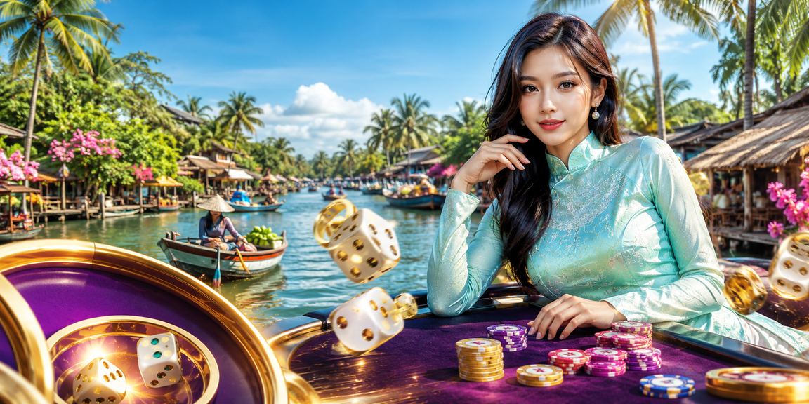 Người phụ nữ áo dài bên bàn tài xỉu với xúc xắc tại vùng sông Mekong